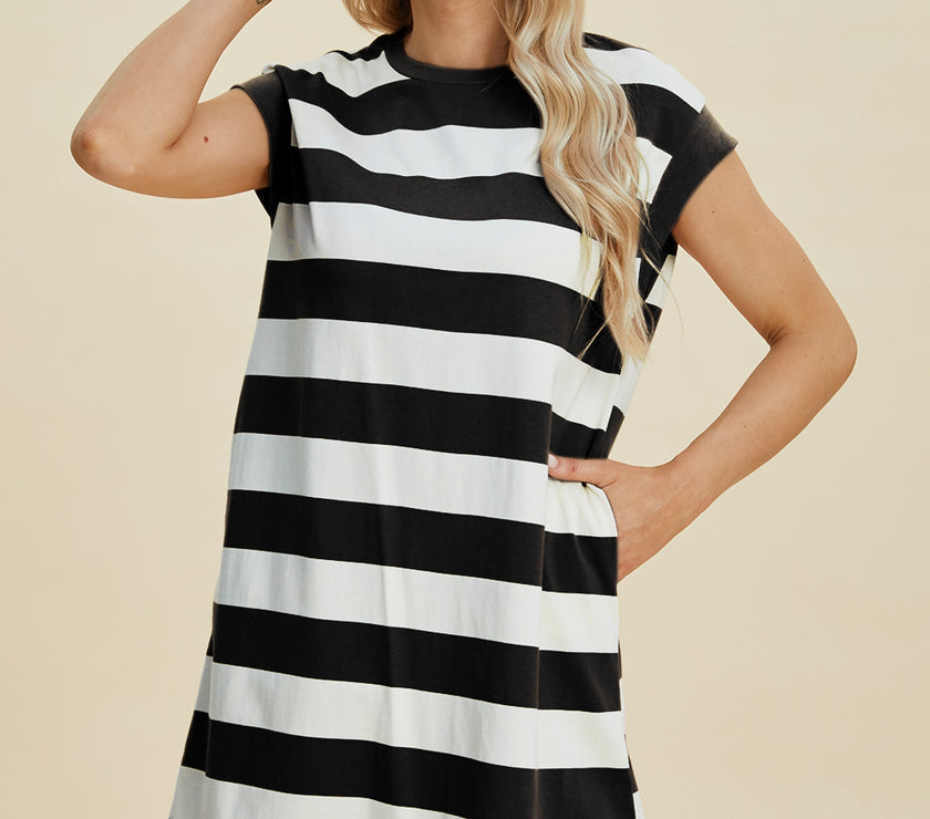 Basic Bae Full Size Striped Round Neck Cap Sleeve Mini Dress