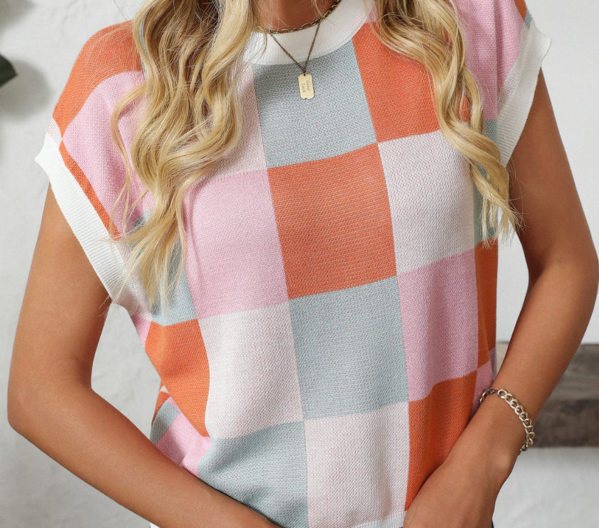 Mandy Checkered Round Neck Cap Sleeve Knit Top