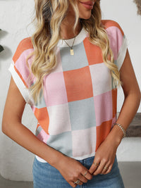 Mandy Checkered Round Neck Cap Sleeve Knit Top