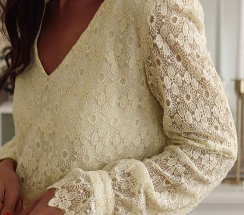 Lace Detail V-Neck Long Sleeve Blouse