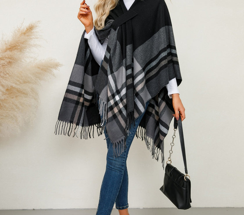 Fringe Contrast Plaid Poncho