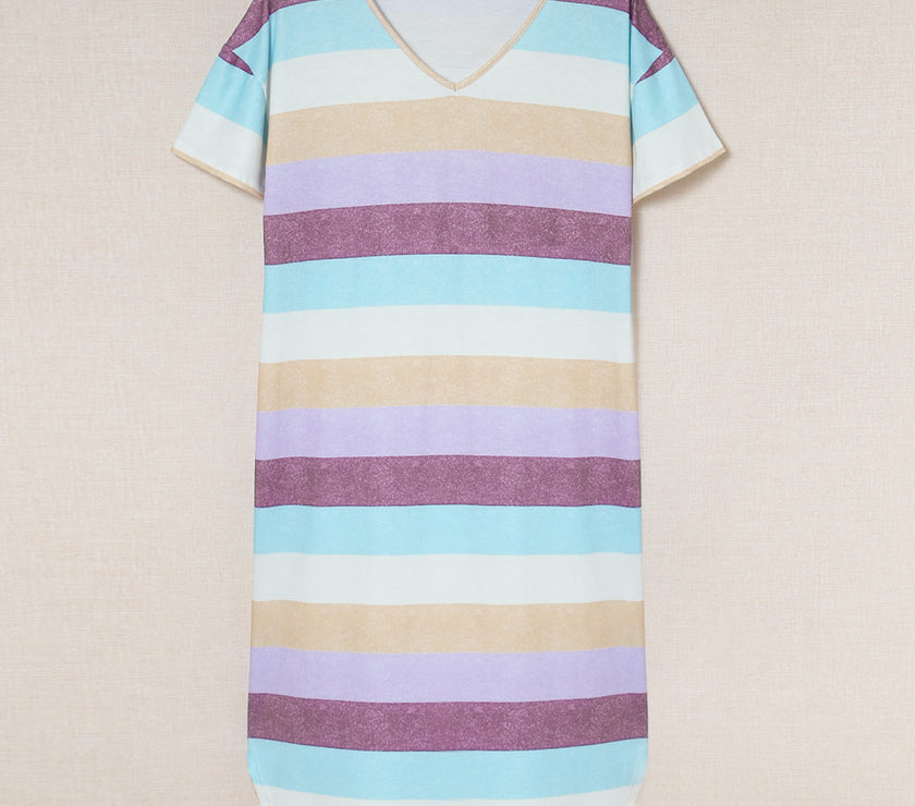 Striped V-Neck Curved Hem Midi Dress