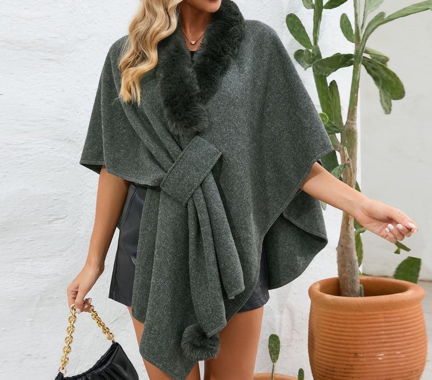 Fuzzy Trim Open Front Poncho
