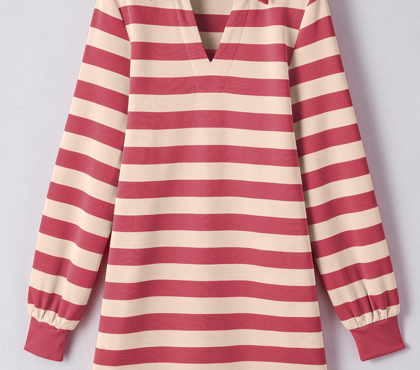 Contrast Striped Johnny Collar Long Sleeve Mini Dress