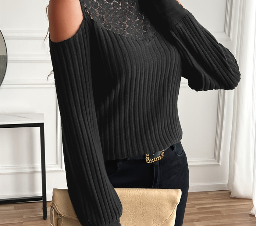 Lace Detail Mock Neck Cold Shoulder T-Shirt