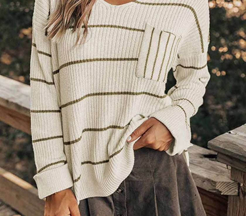 Striped V-Neck Drop Shoulder Sweater