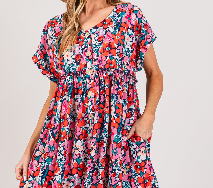 SAGE + FIG Floral Button Down Short Sleeve Mini Dress