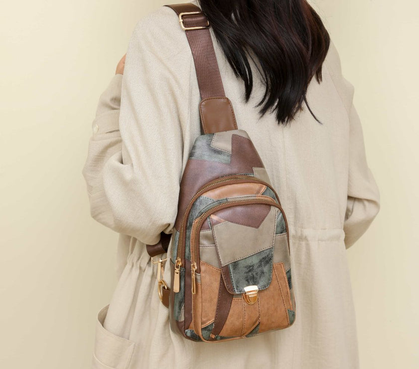 PU Leather Color Block Crossbody Bag