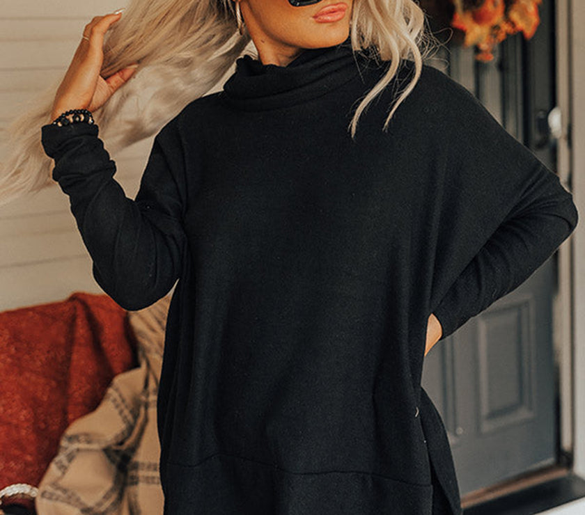 Side Slit High-Low Cowl Neck Long Sleeve Blouse