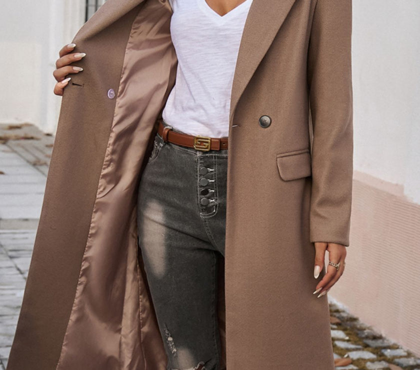 Devine Pocketed Collared Neck Long Sleeve Coat