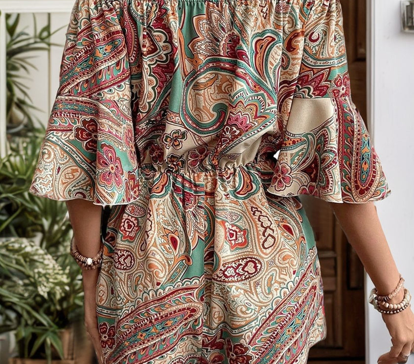 Perfee Printed Off Shoulder Half Sleeve Romper