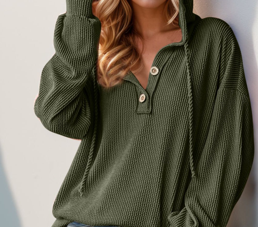 Double Take Full Size Half Button Long Sleeve Hoodie