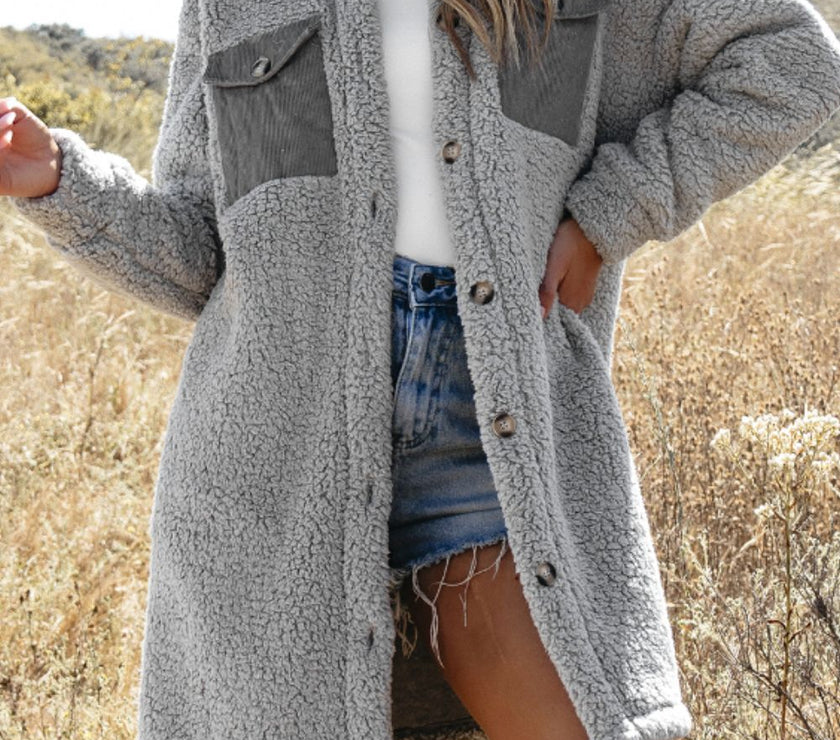 Collared Neck Long Sleeve Longline Teddy Jacket