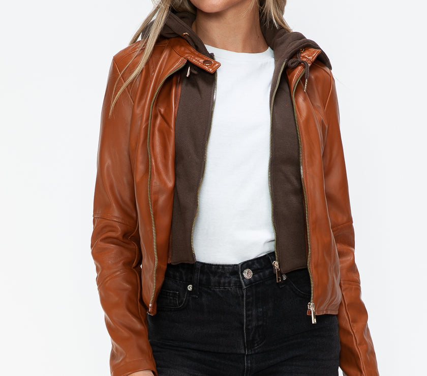 Snobbish Faux Leather Zip Up Drawstring Hooded Jacket