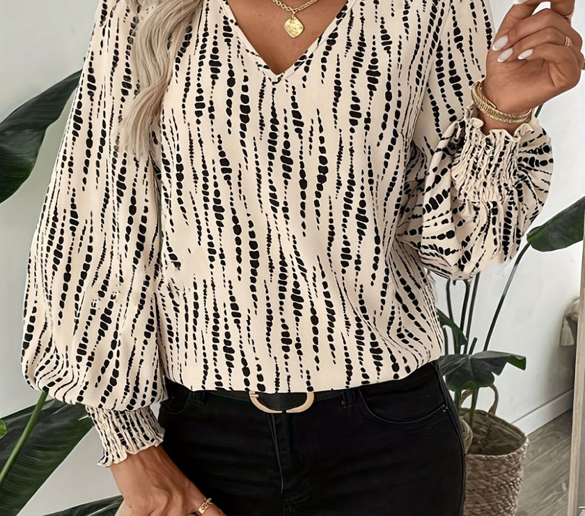 Printed V-Neck Lantern Sleeve Blouse