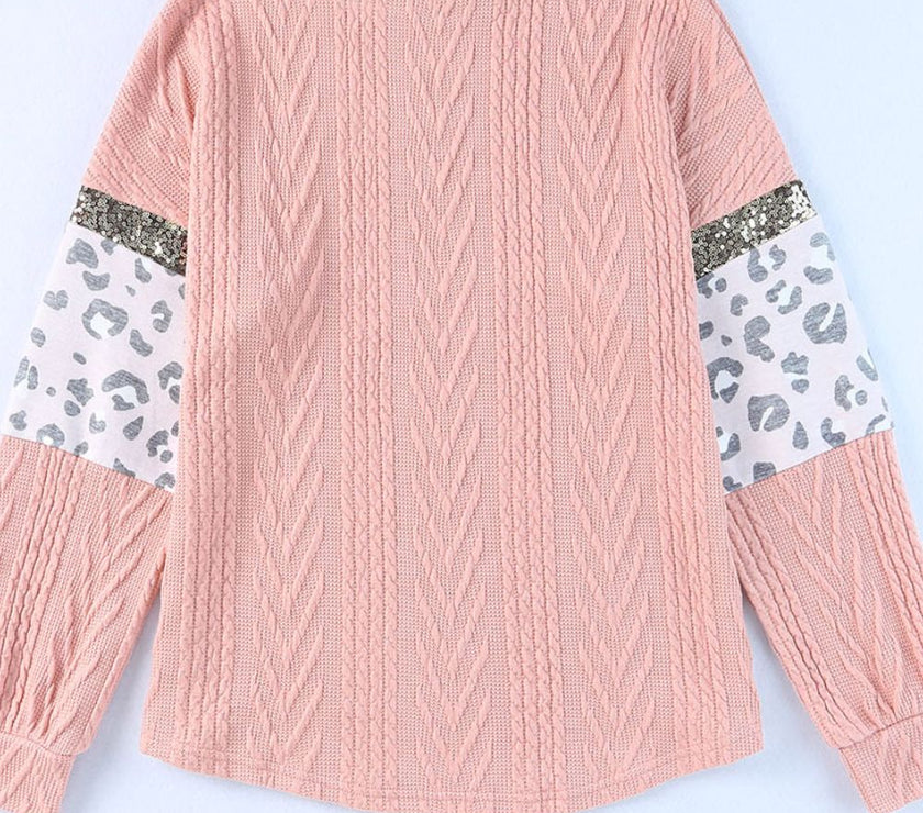 Sequin Leopard Round Neck Long Sleeve Sweater