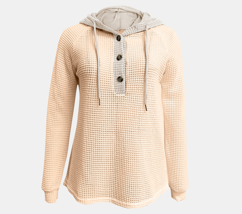 Full Size Waffle-Knit Contrast Long Sleeve Hoodie