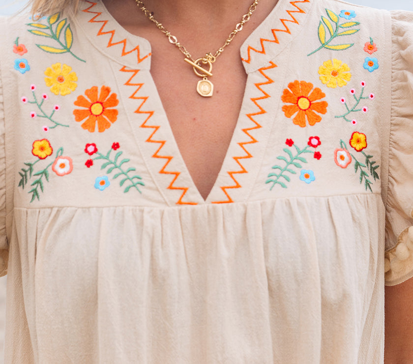 Jet Stream Linen Embroidery Split Neck Pom Pom Ruffle Sleeves Flowy Short Dress