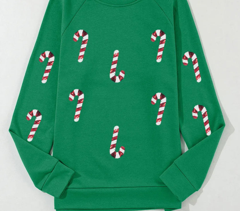 Candy Cane Round Neck Long Sleeve Sweatshirt
