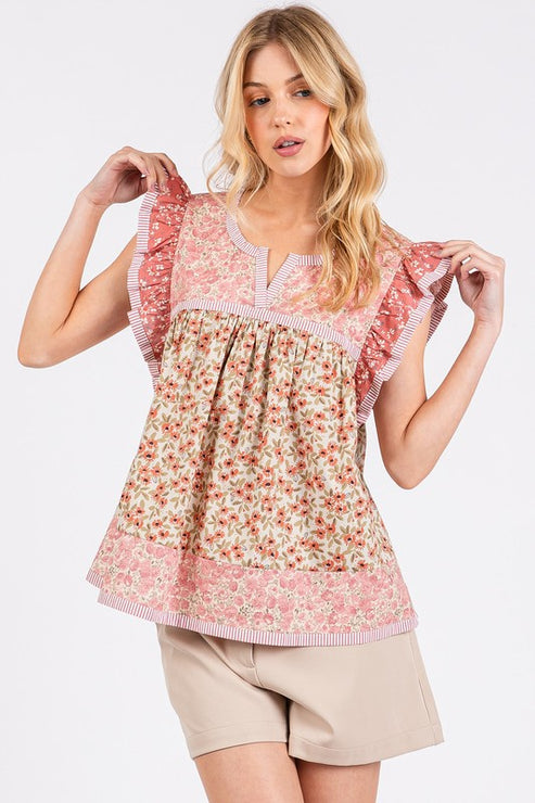 Mittoshop Floral Notched Ruffled Cap Sleeve Blouse