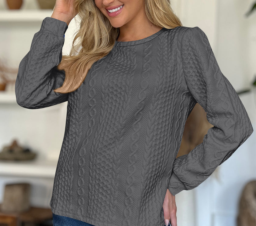 FAM-FAM Textured Round Neck Long Sleeve Sweatshirt