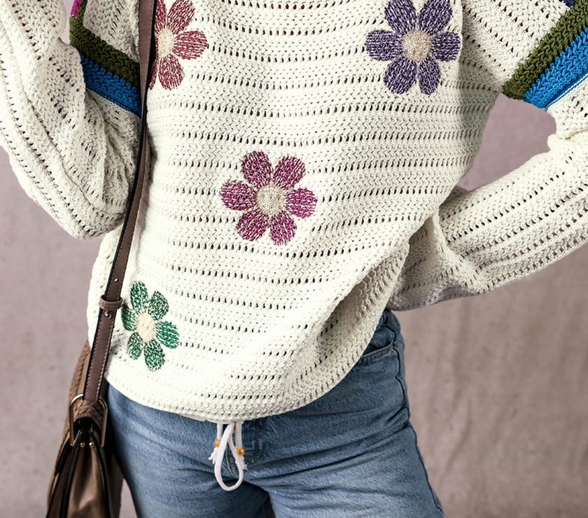 Flower Round Neck Long Sleeve Sweater