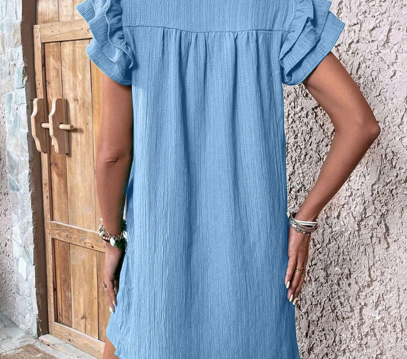 Ruffled Notched Cap Sleeve Mini Dress