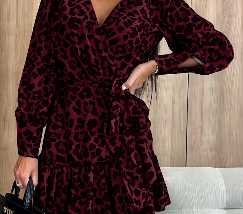 Tied Leopard Surplice Long Sleeve Dress