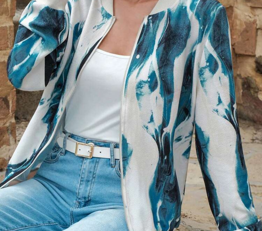 Printed Baseball Collar Zip Up Jacket