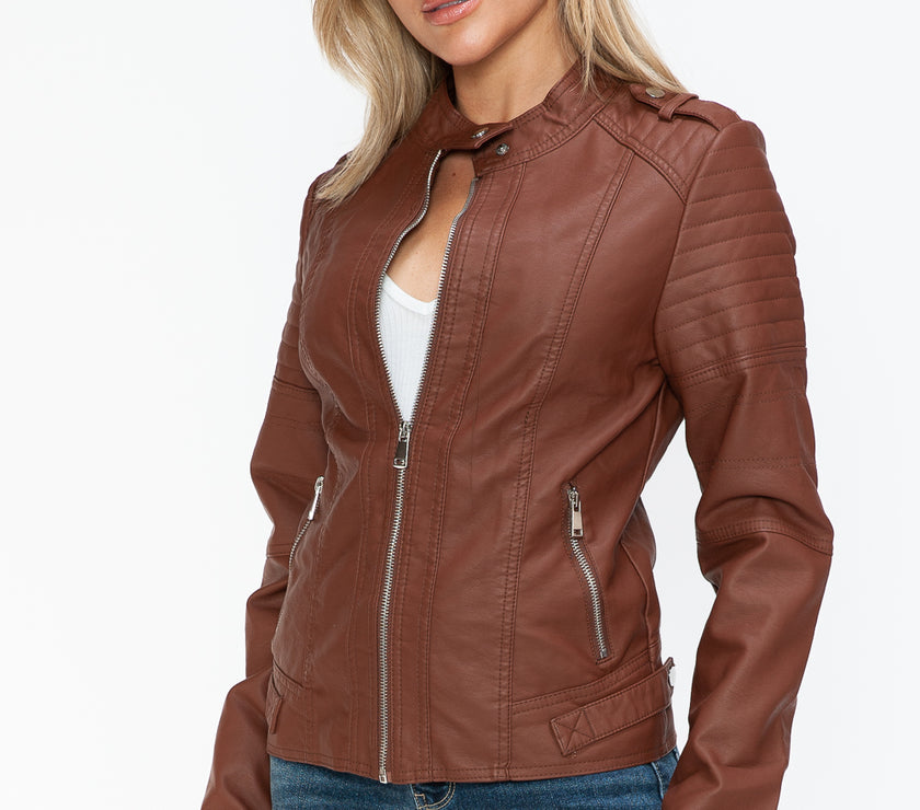 Snobbish PU Leather Biker Jacket with Side Zip Pockets