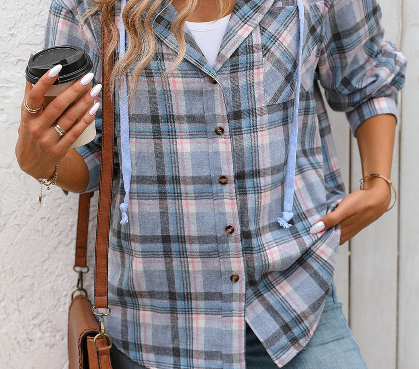 Plaid Long Sleeve Hooded Jacket