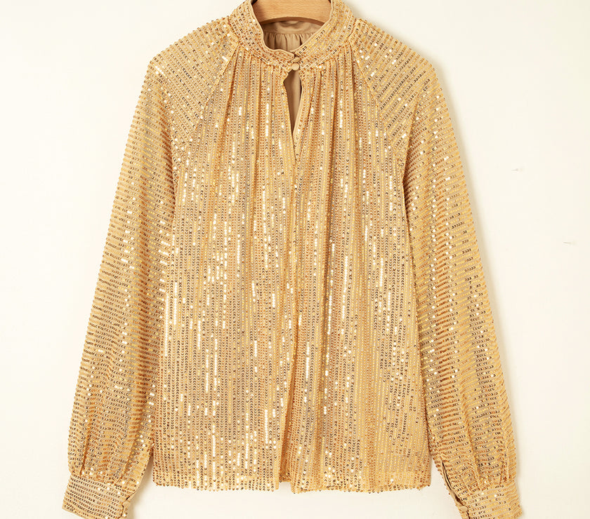 Gold Metallic Balloon Sleeve Buttoned High Neck Loose Blouse