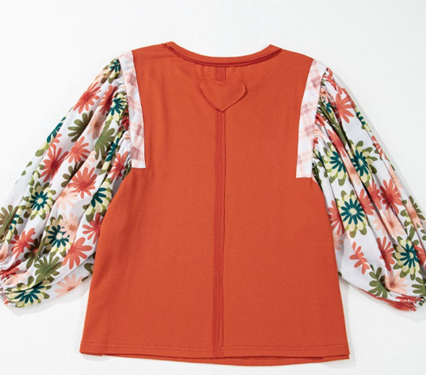 Printed Round Neck Balloon Sleeve Blouse