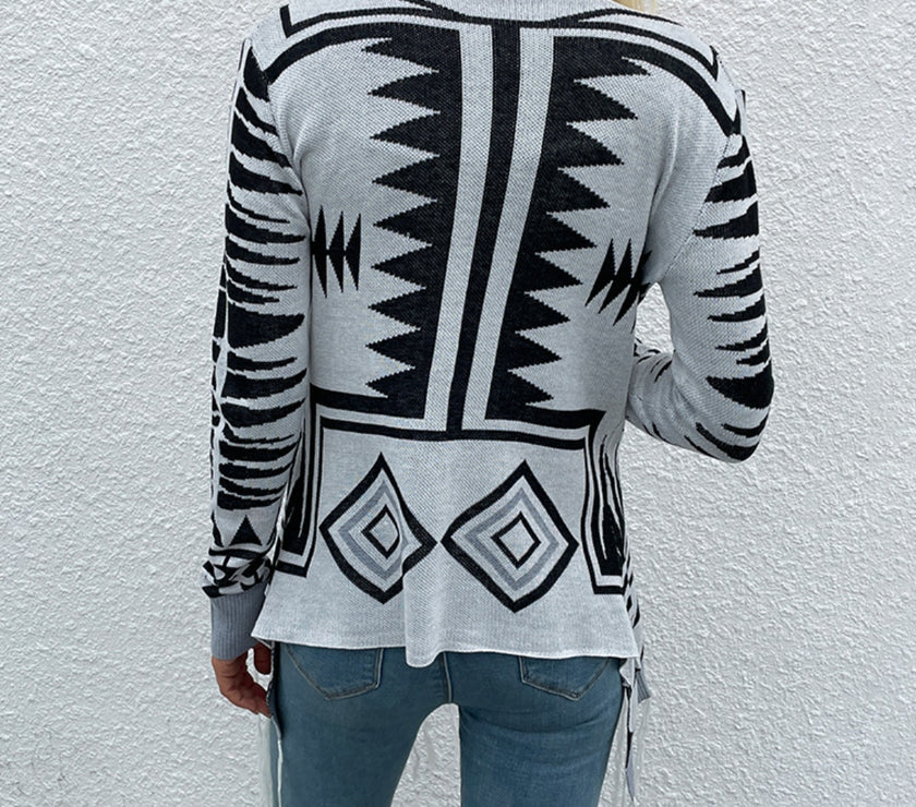 Shiny Geometric Fringe Hem Open Front Cardigan