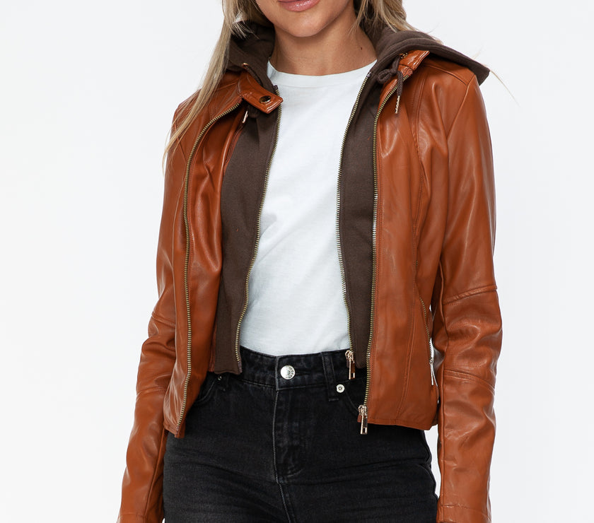 Snobbish Faux Leather Zip Up Drawstring Hooded Jacket