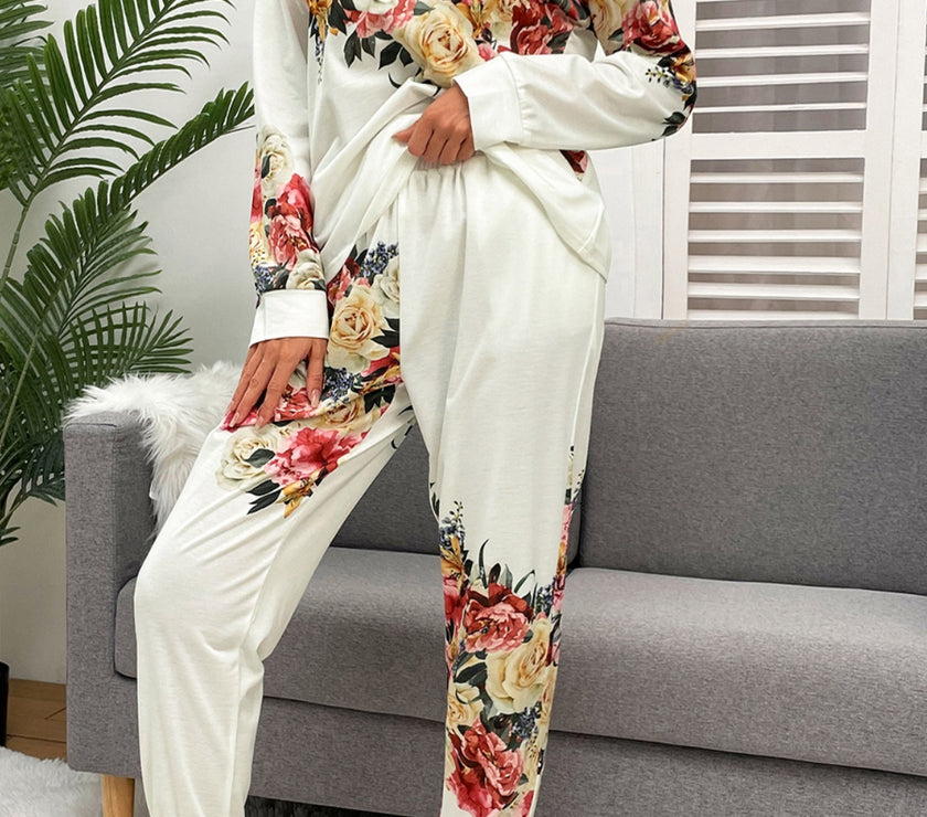Shiny Printed Round Neck Top and Pants Lounge Set