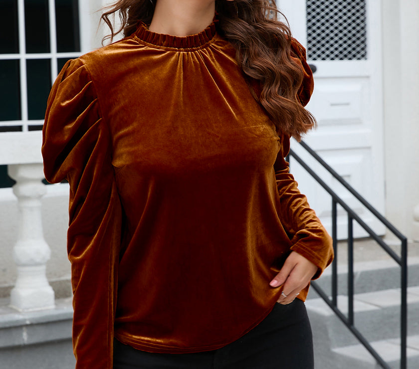 Frill Mock Neck Puff Sleeve Blouse