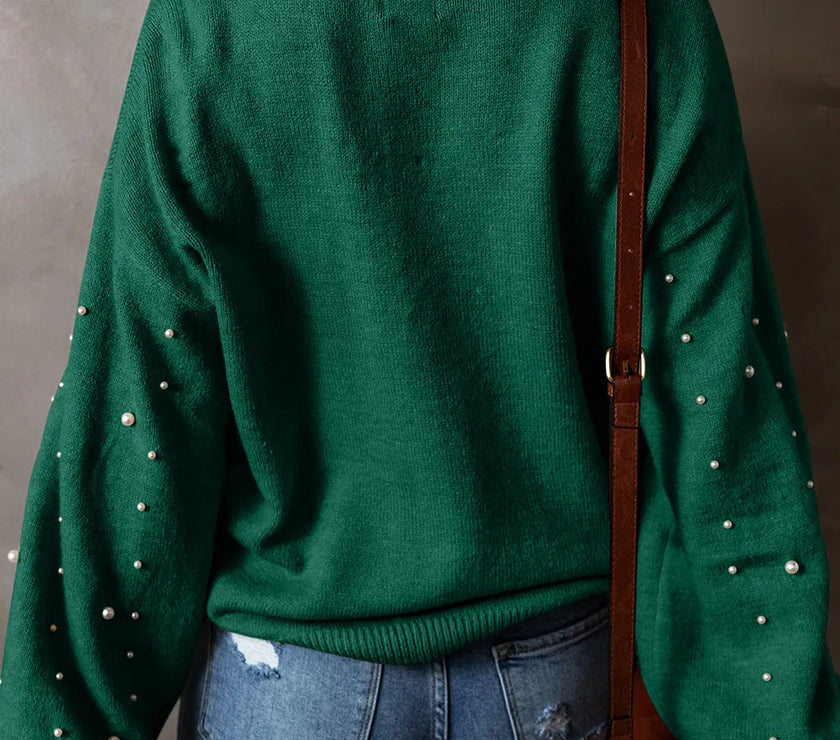 Pearl Detail Round Neck Long Sleeve Sweater