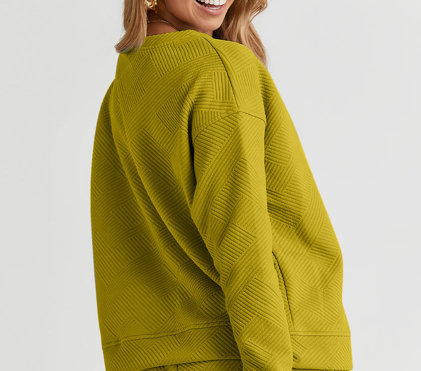 Double Take Full Size Texture Long Sleeve Top and Drawstring Shorts Set