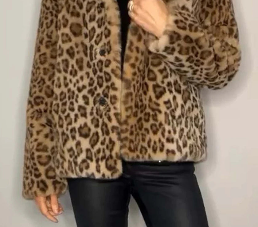 Full Size Leopard Furry Collared Neck Long Sleeve Coat