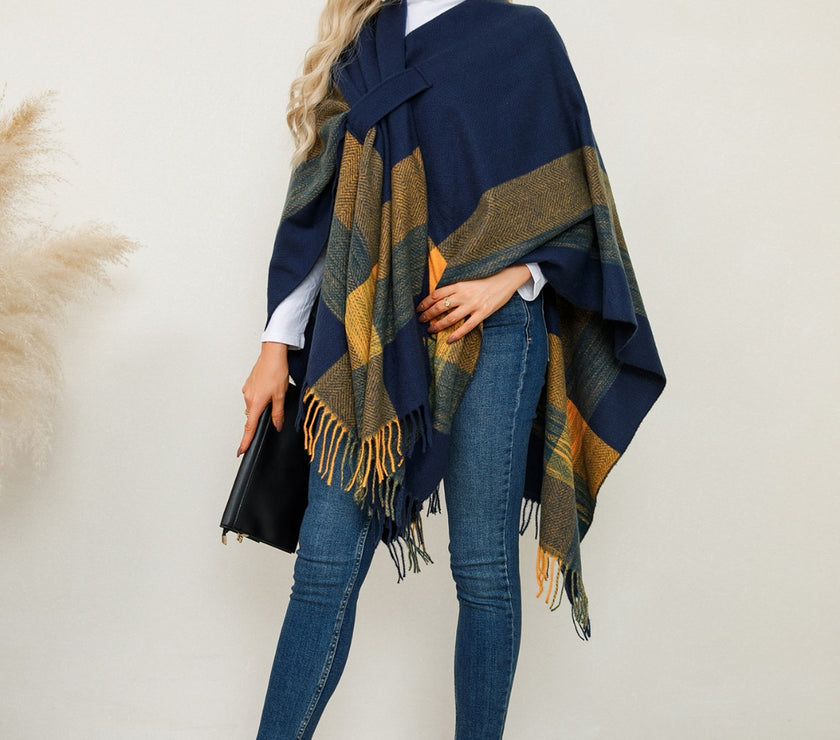 Fringe Contrast Plaid Poncho