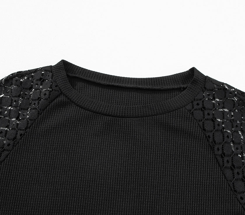 Lace Detail Round Neck Lantern Sleeve Top