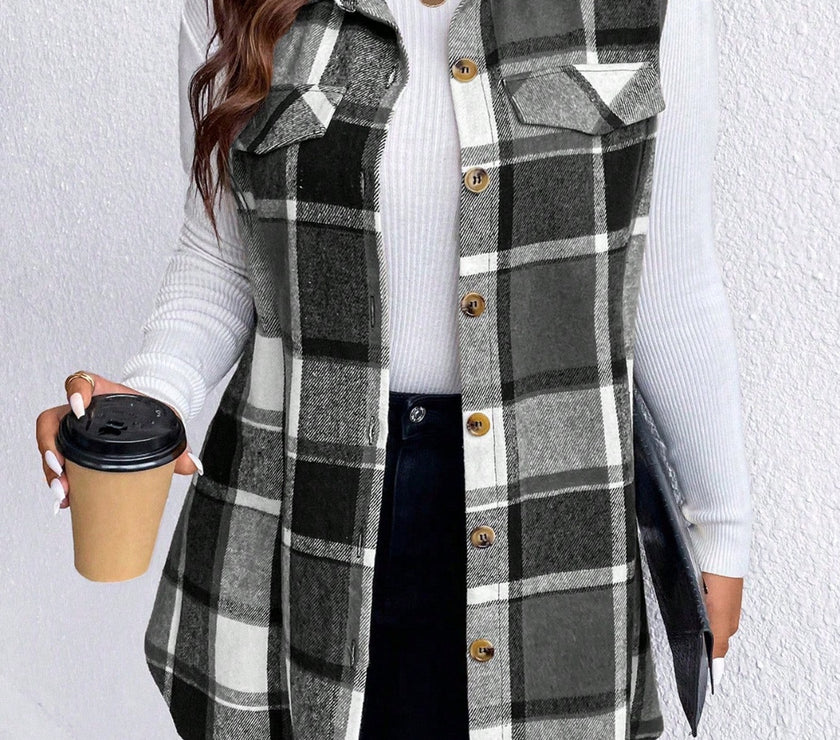 Honey Plus Size Pocketed Plaid Button Up Vest Coat