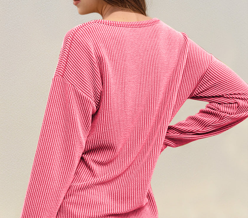 Double Take Striped Notched Long Sleeve T-Shirt