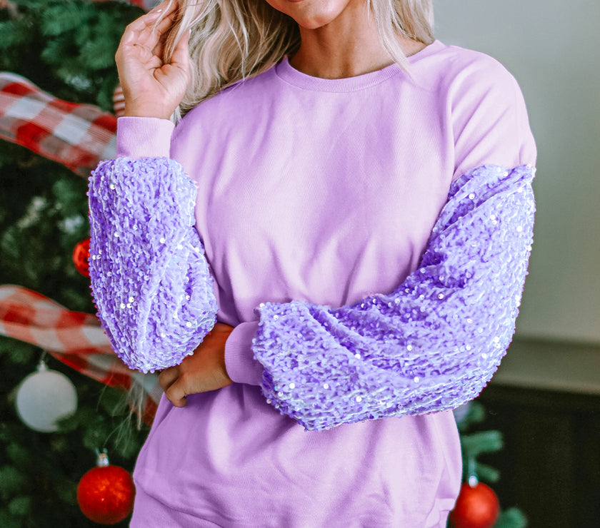 Orchid Petal Sequin Patchwork Long Sleeve Pullover Top