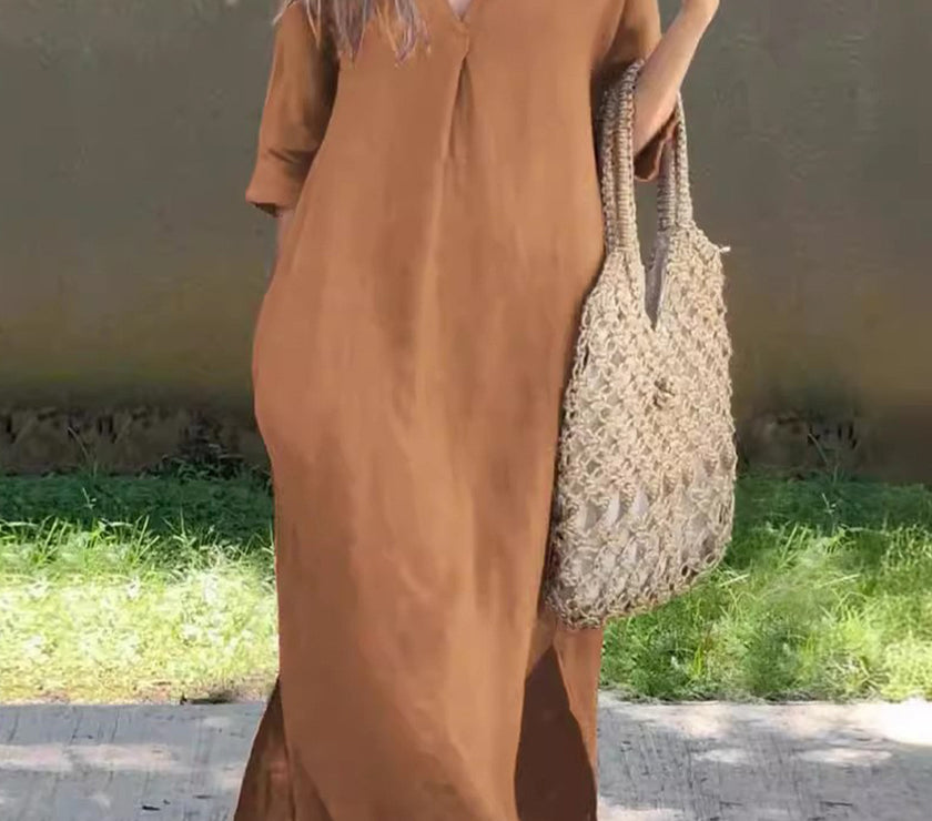 Full Size Notched Half Sleeve Midi Dress