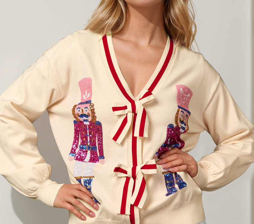Double Take Full Size Nutcracker Sequin Bow Decor Cardigan