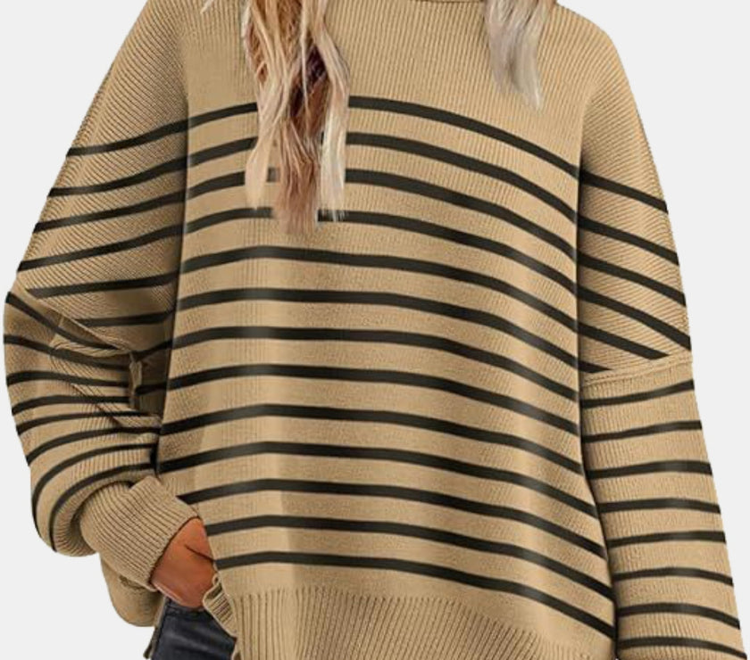 Round Neck Drop Shoulder Slit Sweater