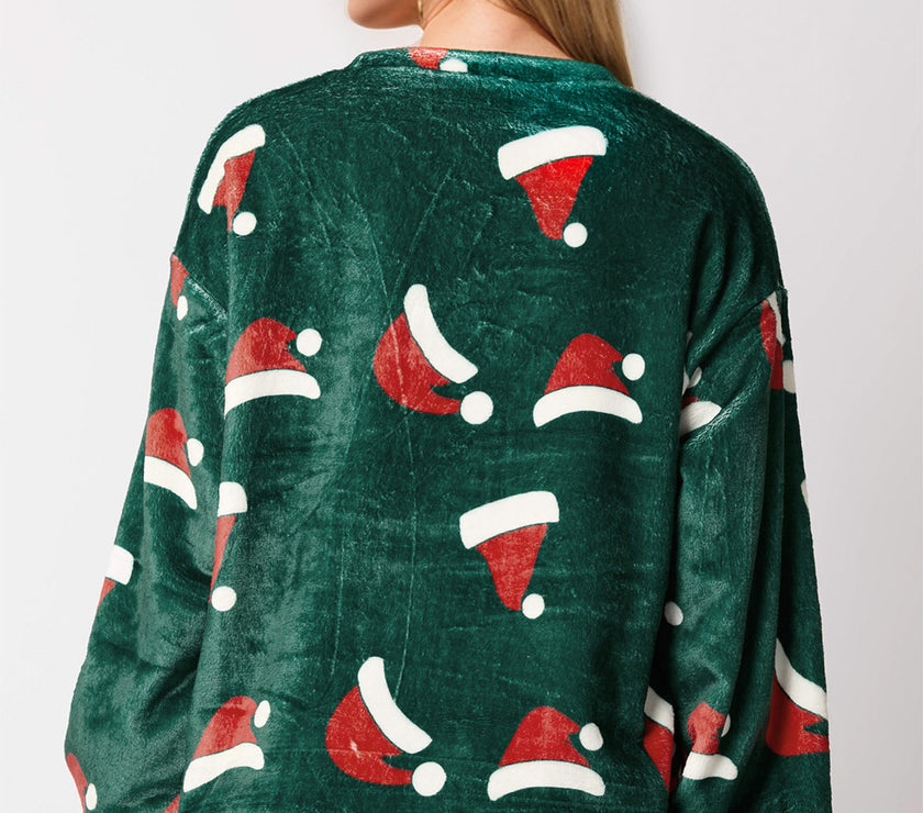 Christmas Hat Pattern Round Neck Long Sleeve Top and Pants Set