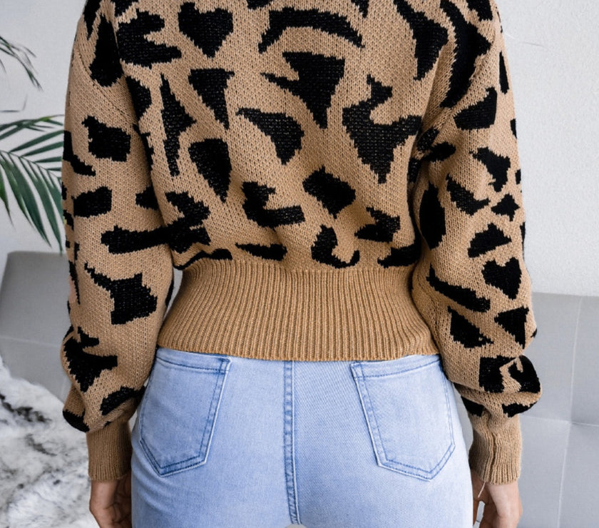 Leopard Round Neck Dropped Shoulder Sweater